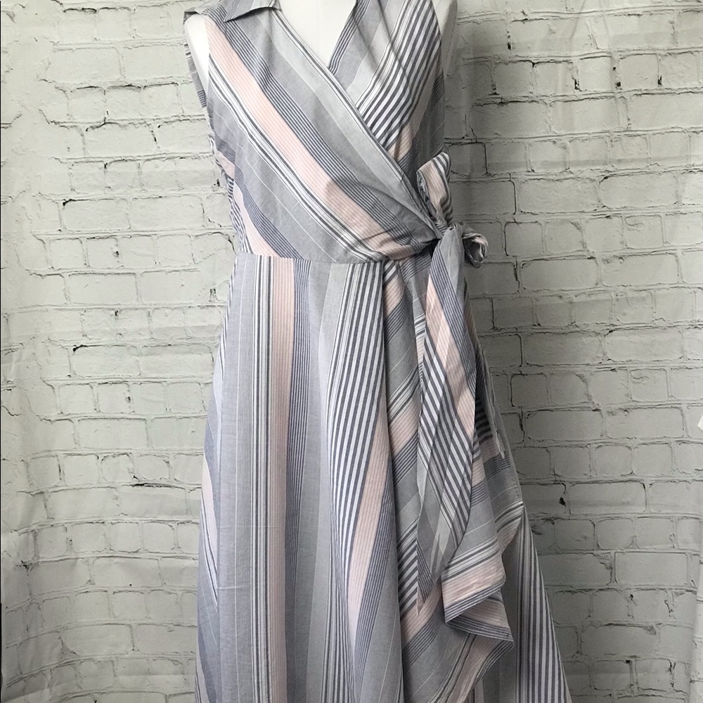 Calvin Klein Sleeveless Striped Wrap Maxi Dress in White and Light Blue - Picture 5 of 13